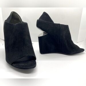 ✨ ALEXANDER WANG “Alla” Suede Peep toe wedge booties with silver cutout plate